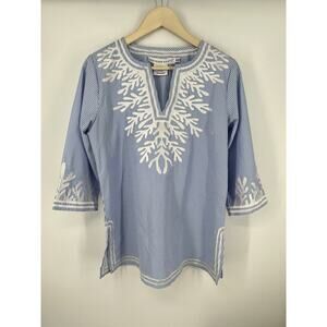Gretchen Scott Striped Tunic Top Size Medium Blue White Embroidery